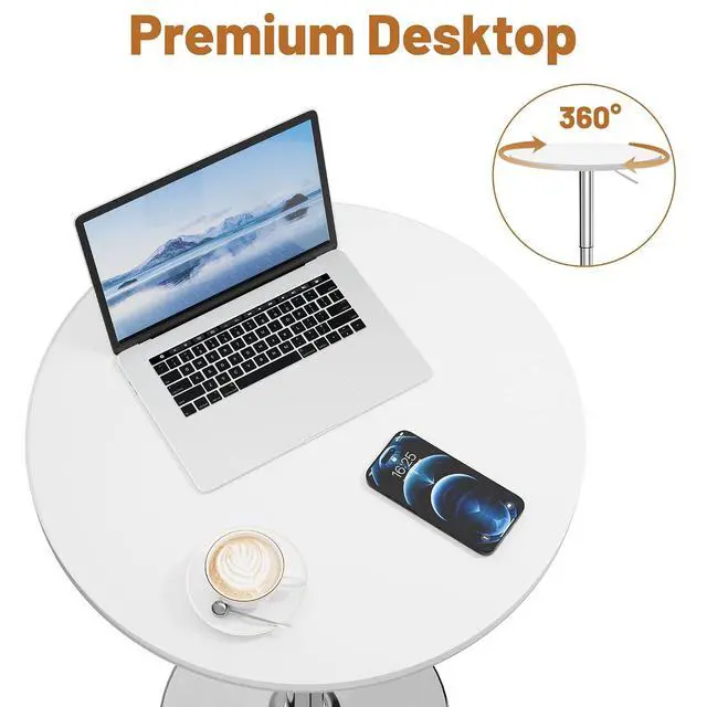 Alt view image 7 of 7 - Round Bistro Pub Table 23.6 Inch Height Adjustable 360° Swivel Bar Table Metal Base for Pub, Dining Room, Party (4, White-Silver)