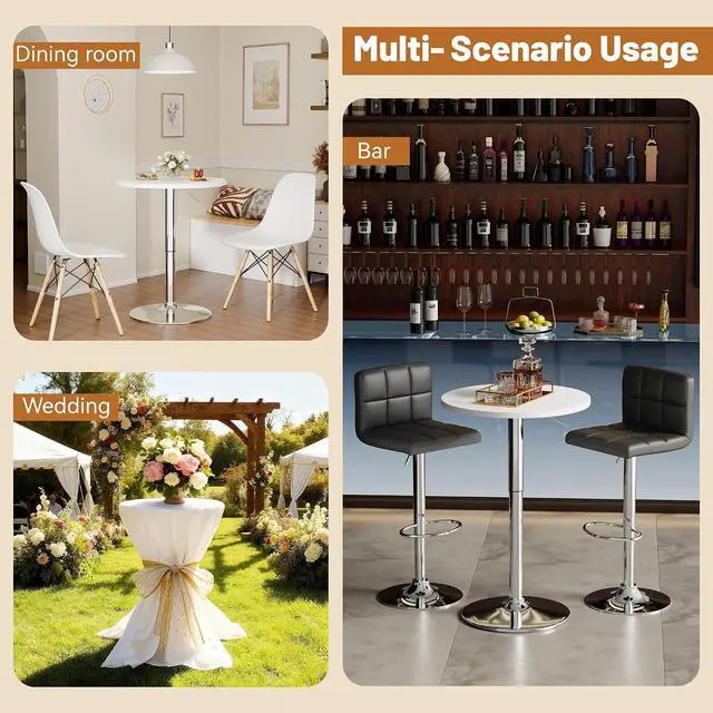 Alt view image 6 of 7 - Round Bistro Pub Table 23.6 Inch Height Adjustable 360° Swivel Bar Table Metal Base for Pub, Dining Room, Party (4, White-Silver)
