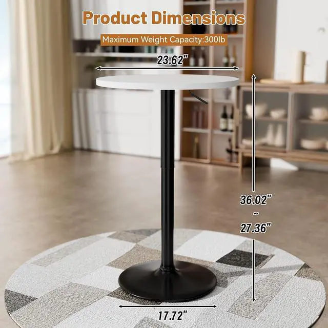 Alt view image 7 of 7 - Round Bistro Pub Table 23.6 Inch Height Adjustable 360° Swivel Bar Table Metal Base for Pub, Dining Room, Party (2, White-Black)