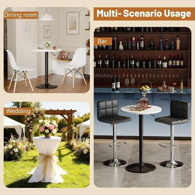 Alt view image 5 of 7 - Round Bistro Pub Table 23.6 Inch Height Adjustable 360° Swivel Bar Table Metal Base for Pub, Dining Room, Party (2, White-Black)