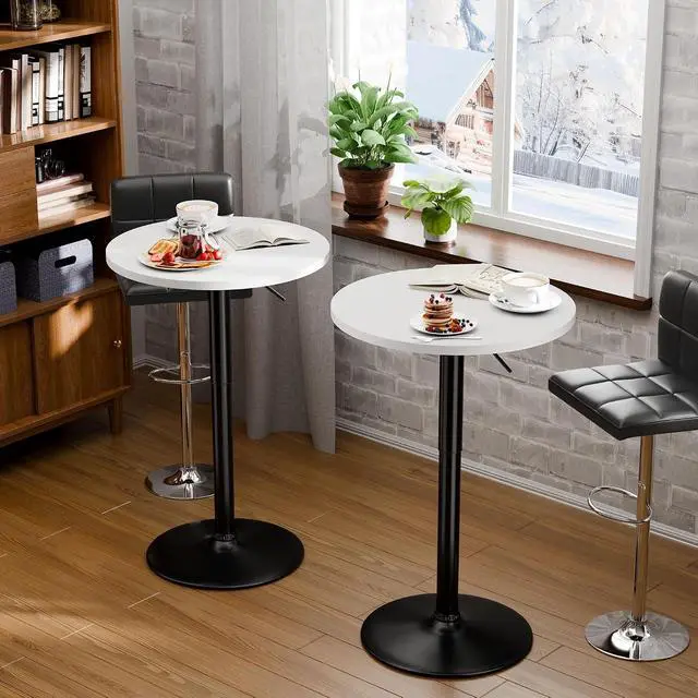 Alt view image 4 of 7 - Round Bistro Pub Table 23.6 Inch Height Adjustable 360° Swivel Bar Table Metal Base for Pub, Dining Room, Party (2, White-Black)