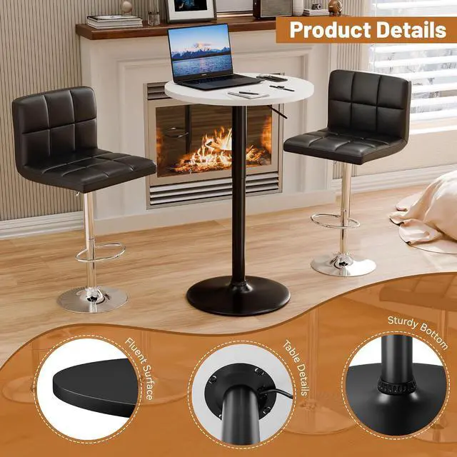 Alt view image 3 of 7 - Round Bistro Pub Table 23.6 Inch Height Adjustable 360° Swivel Bar Table Metal Base for Pub, Dining Room, Party (1, White-Black)