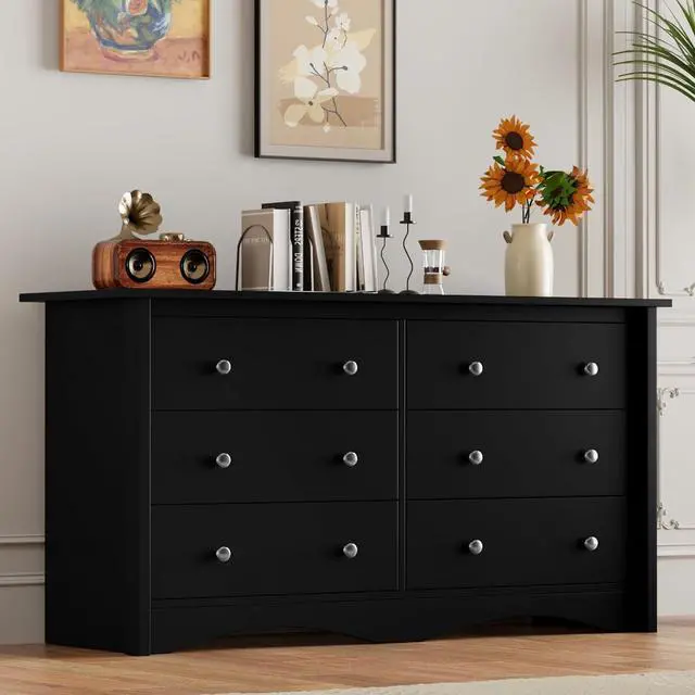Alt view image 7 of 7 - Dresser for Bedroom, 6 Wood Dresser, Chest of Drawers, for TV up to 65 inch, TV Stand Storage Chest of Drawers for Hallway Entryway (Black)