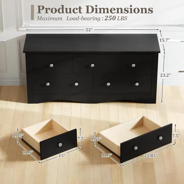 Alt view image 3 of 7 - Dresser for Bedroom, 5 Wood Dresser, Chest of Drawers, for TV up to 65 inch, TV Stand Storage Chest of Drawers for Hallway Entryway (Black)