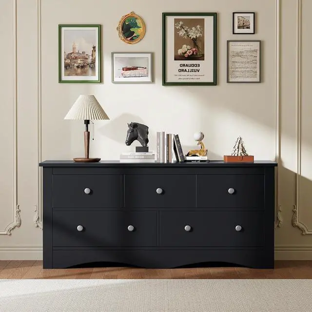 Alt view image 6 of 7 - Dresser for Bedroom, 5 Wood Dresser, Chest of Drawers, for TV up to 65 inch, TV Stand Storage Chest of Drawers for Hallway Entryway (Black)
