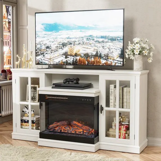 Main image of Fireplace TV Stand for TVs up to 65'', 3-Sided Glass Media Entertainment Center Console Table with Cabniet Storage Adjustable Flame LED Color for Living Room (Distressed White)