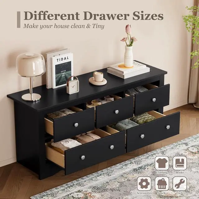 Alt view image 5 of 7 - Dresser for Bedroom, 5 Wood Dresser, Chest of Drawers, for TV up to 65 inch, TV Stand Storage Chest of Drawers for Hallway Entryway (Black)