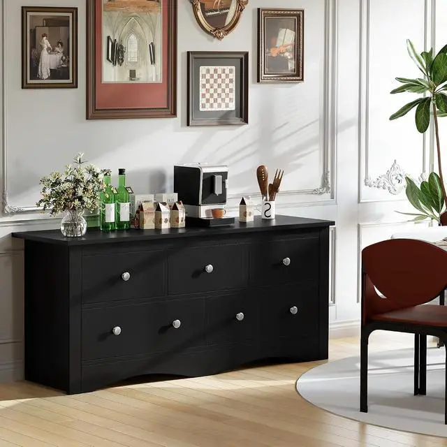 Alt view image 7 of 7 - Dresser for Bedroom, 5 Wood Dresser, Chest of Drawers, for TV up to 65 inch, TV Stand Storage Chest of Drawers for Hallway Entryway (Black)