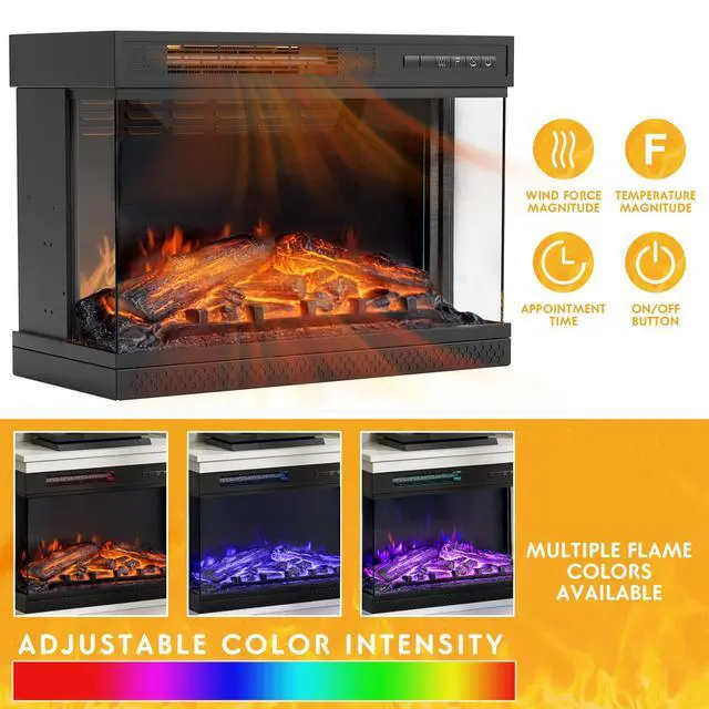 Alt view image 4 of 7 - Fireplace TV Stand for TVs up to 65'', 3-Sided Glass Media Entertainment Center Console Table with Cabniet Storage Adjustable Flame LED Color for Living Room (Distressed White)