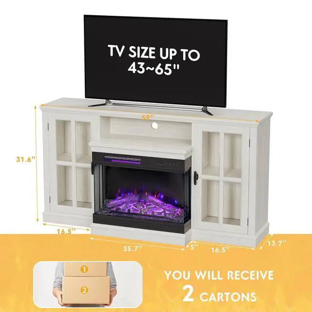 Alt view image 5 of 7 - Fireplace TV Stand for TVs up to 65'', 3-Sided Glass Media Entertainment Center Console Table with Cabniet Storage Adjustable Flame LED Color for Living Room (Distressed White)