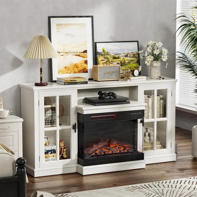 Alt view image 7 of 7 - Fireplace TV Stand for TVs up to 65'', 3-Sided Glass Media Entertainment Center Console Table with Cabniet Storage Adjustable Flame LED Color for Living Room (Distressed White)
