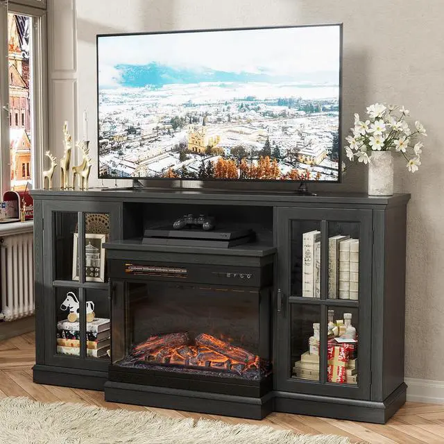 Main image of Fireplace TV Stand for TVs up to 65'', 3-Sided Glass Media Entertainment Center Console Table with Cabniet Storage Adjustable Flame LED Color for Living Room (Black)
