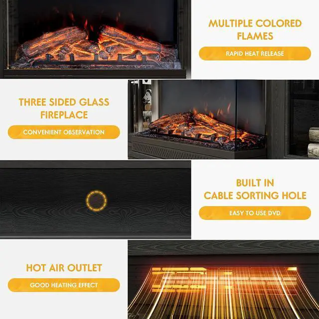 Alt view image 3 of 7 - Fireplace TV Stand for TVs up to 65'', 3-Sided Glass Media Entertainment Center Console Table with Cabniet Storage Adjustable Flame LED Color for Living Room (Black)
