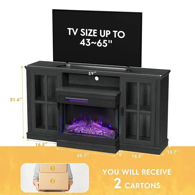 Alt view image 5 of 7 - Fireplace TV Stand for TVs up to 65'', 3-Sided Glass Media Entertainment Center Console Table with Cabniet Storage Adjustable Flame LED Color for Living Room (Black)