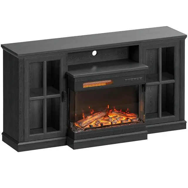 Alt view image 7 of 7 - Fireplace TV Stand for TVs up to 65'', 3-Sided Glass Media Entertainment Center Console Table with Cabniet Storage Adjustable Flame LED Color for Living Room (Black)