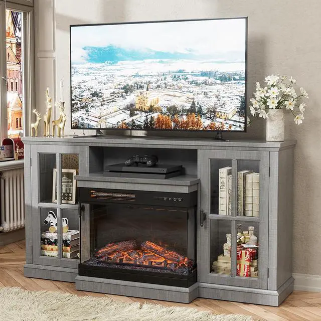 Main image of Fireplace TV Stand for TVs up to 65'', 3-Sided Glass Media Entertainment Center Console Table with Cabniet Storage Adjustable Flame LED Color for Living Room (Wash Grey)