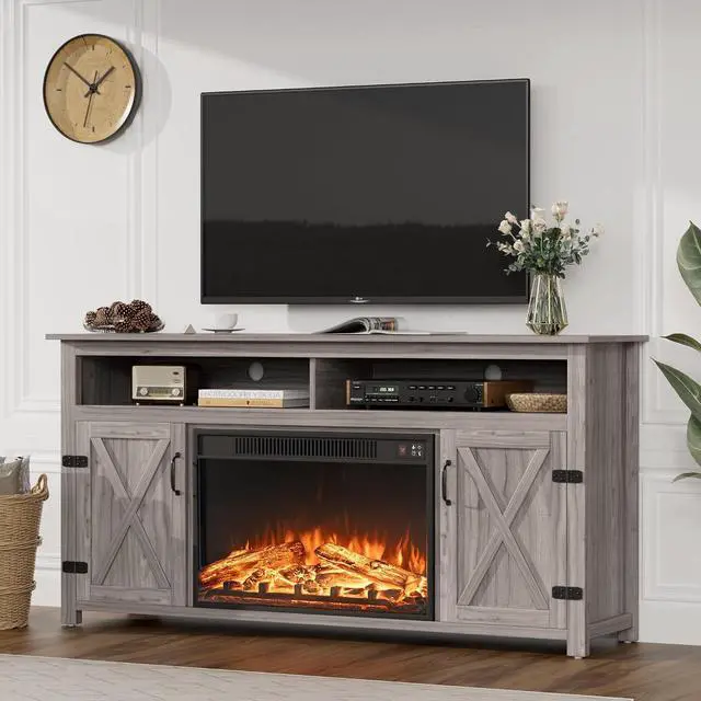 Main image of Fireplace TV Stand for TVs Up to 65+ Inch Entertainment Center with Open Storage Shelves and Side Cabinets, Media Console Table with Barn Doors for Living Room (Grey)