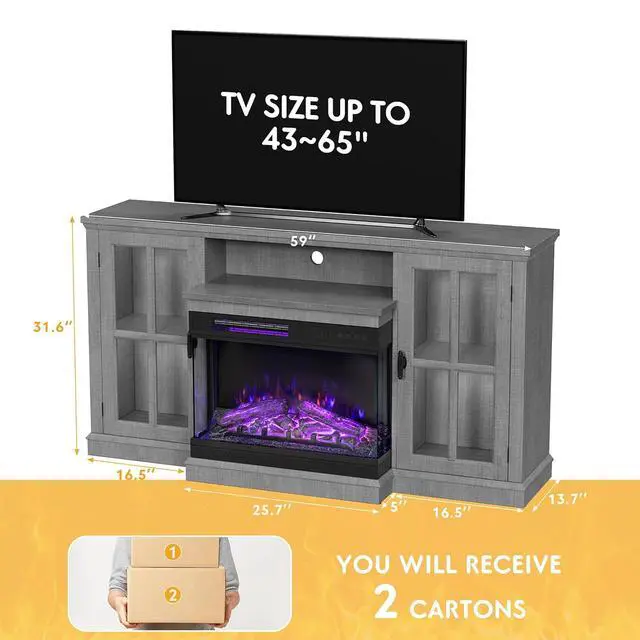 Alt view image 5 of 7 - Fireplace TV Stand for TVs up to 65'', 3-Sided Glass Media Entertainment Center Console Table with Cabniet Storage Adjustable Flame LED Color for Living Room (Wash Grey)