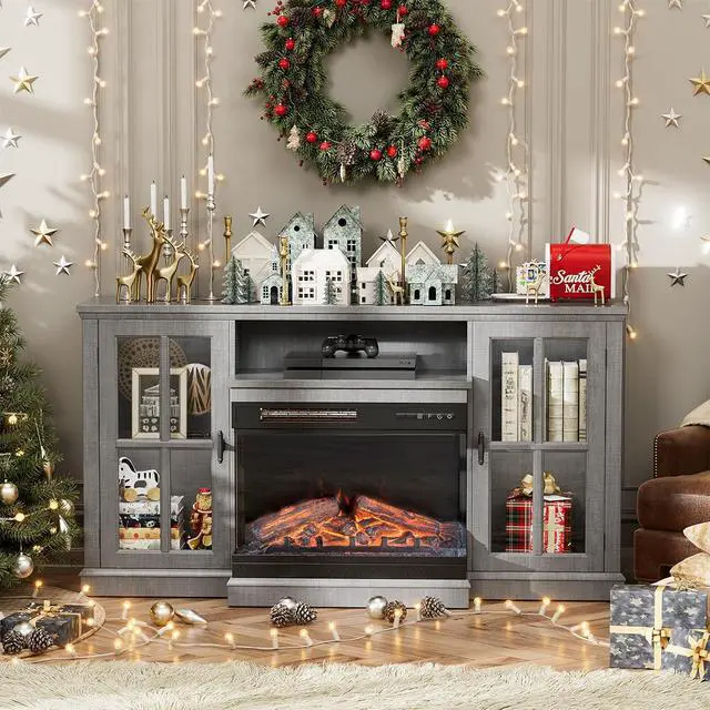 Alt view image 6 of 7 - Fireplace TV Stand for TVs up to 65'', 3-Sided Glass Media Entertainment Center Console Table with Cabniet Storage Adjustable Flame LED Color for Living Room (Wash Grey)