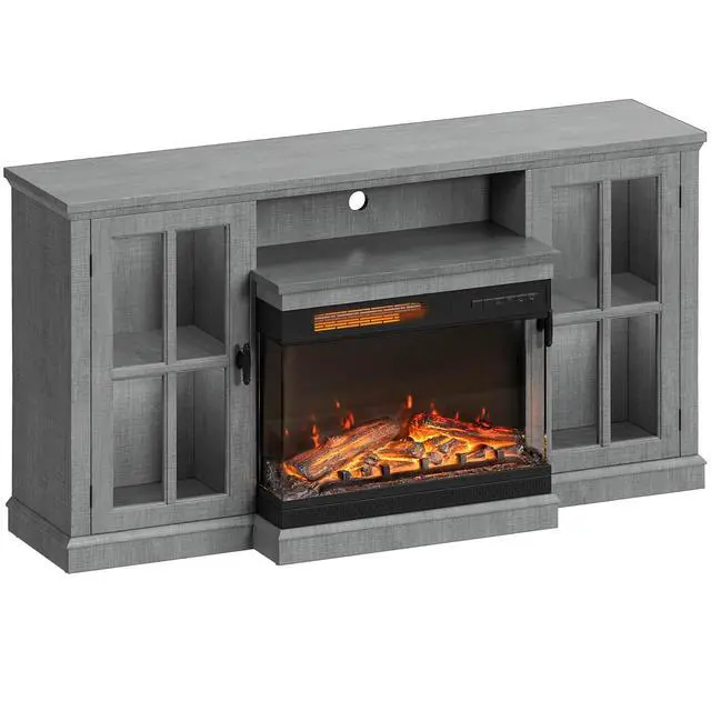 Alt view image 7 of 7 - Fireplace TV Stand for TVs up to 65'', 3-Sided Glass Media Entertainment Center Console Table with Cabniet Storage Adjustable Flame LED Color for Living Room (Wash Grey)