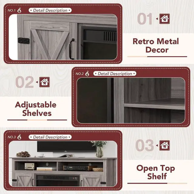 Alt view image 3 of 7 - Fireplace TV Stand for TVs Up to 65+ Inch Entertainment Center with Open Storage Shelves and Side Cabinets, Media Console Table with Barn Doors for Living Room (Grey)