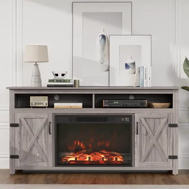 Alt view image 5 of 7 - Fireplace TV Stand for TVs Up to 65+ Inch Entertainment Center with Open Storage Shelves and Side Cabinets, Media Console Table with Barn Doors for Living Room (Grey)