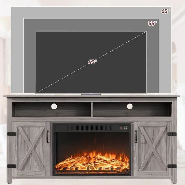 Alt view image 6 of 7 - Fireplace TV Stand for TVs Up to 65+ Inch Entertainment Center with Open Storage Shelves and Side Cabinets, Media Console Table with Barn Doors for Living Room (Grey)