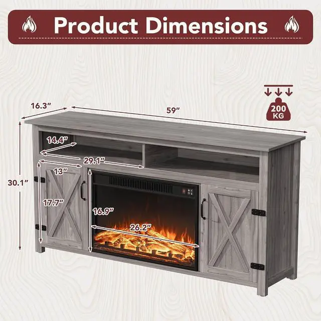 Alt view image 7 of 7 - Fireplace TV Stand for TVs Up to 65+ Inch Entertainment Center with Open Storage Shelves and Side Cabinets, Media Console Table with Barn Doors for Living Room (Grey)