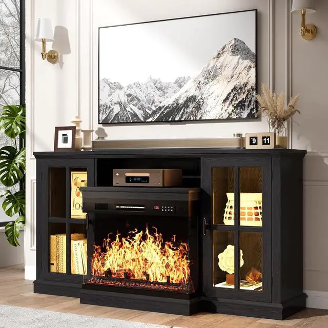 Main image of J Fireplace TV Stand, 65" Media Console with 3-Sided Glass & Color LED Lights, Entertainment Center with Storage Cabinet for Living Room (Black)