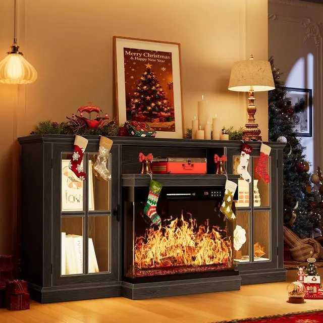 Alt view image 3 of 7 - J Fireplace TV Stand, 65" Media Console with 3-Sided Glass & Color LED Lights, Entertainment Center with Storage Cabinet for Living Room (Black)