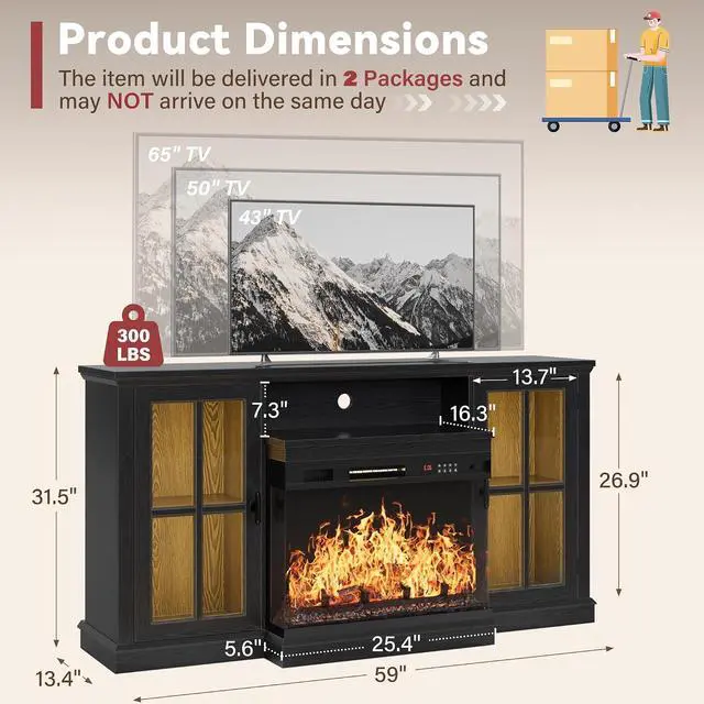 Alt view image 2 of 7 - J Fireplace TV Stand, 65" Media Console with 3-Sided Glass & Color LED Lights, Entertainment Center with Storage Cabinet for Living Room (Black)