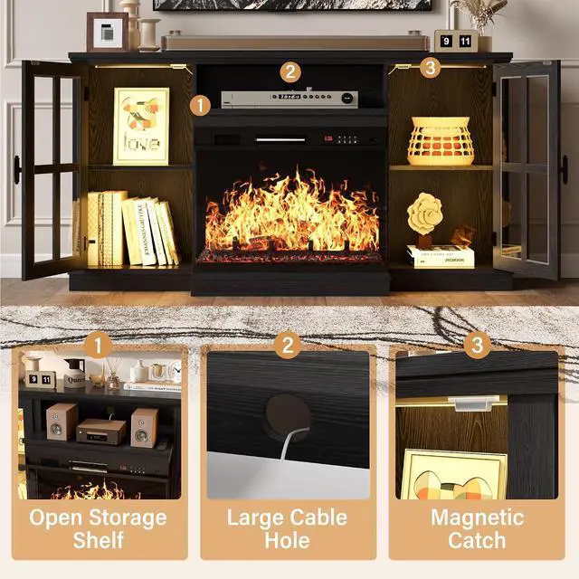 Alt view image 7 of 7 - J Fireplace TV Stand, 65" Media Console with 3-Sided Glass & Color LED Lights, Entertainment Center with Storage Cabinet for Living Room (Black)