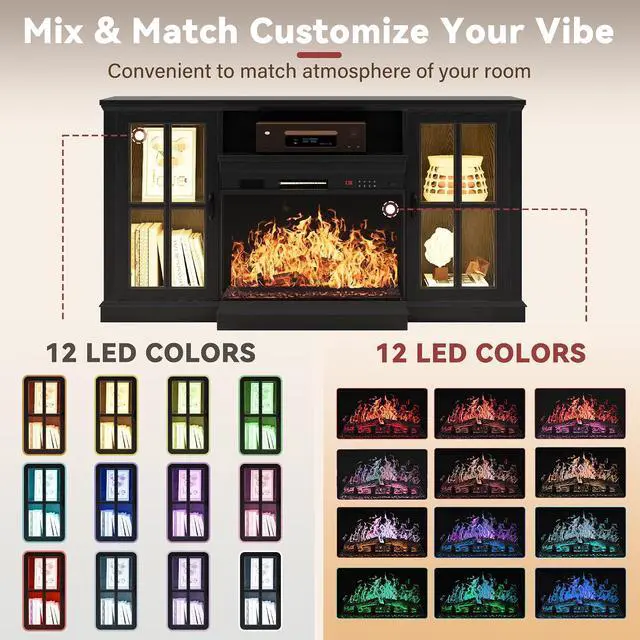 Alt view image 5 of 7 - J Fireplace TV Stand, 65" Media Console with 3-Sided Glass & Color LED Lights, Entertainment Center with Storage Cabinet for Living Room (Black)