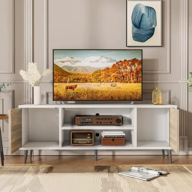 Alt view image 2 of 7 - TV Stand for 65 Inch TV, Mid Century Modern TV Stand, Entertainment Center with Storage Cabinet and Open Shelves, TV Console Table Media Cabinet for Living Room, and Bedroom (Oak)