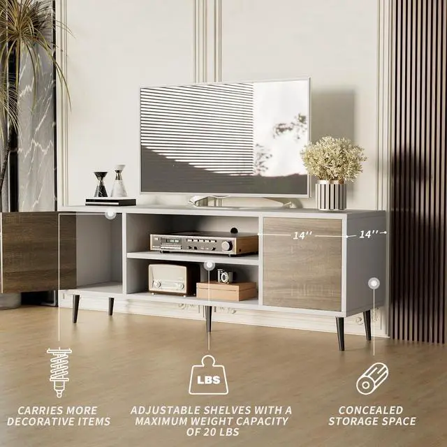 Alt view image 3 of 7 - TV Stand for 65 Inch TV, Mid Century Modern TV Stand, Entertainment Center with Storage Cabinet and Open Shelves, TV Console Table Media Cabinet for Living Room, and Bedroom (Oak)