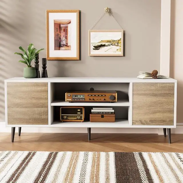 Alt view image 6 of 7 - TV Stand for 65 Inch TV, Mid Century Modern TV Stand, Entertainment Center with Storage Cabinet and Open Shelves, TV Console Table Media Cabinet for Living Room, and Bedroom (Oak)