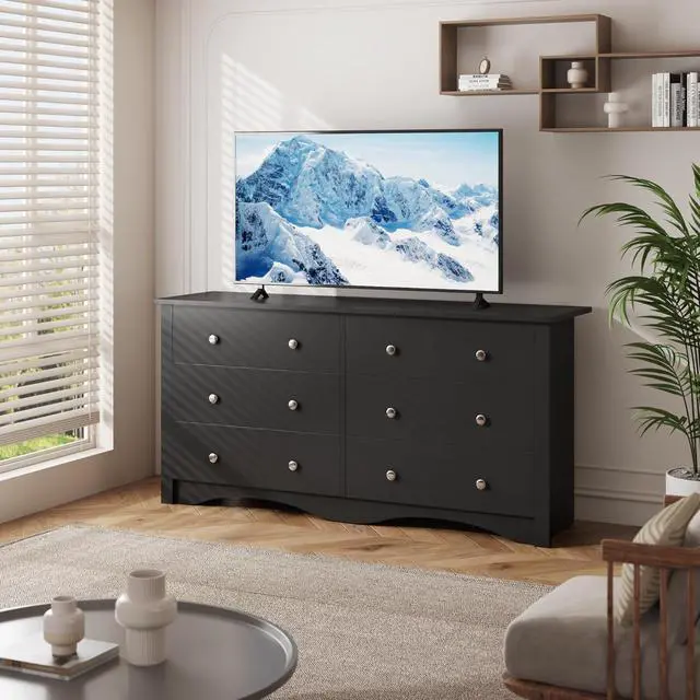 Alt view image 2 of 7 - 6 Wood Drawers Dresser for Bedroom, Double Dresser for TV up to 65 inch, TV Stand Storage Chest of Drawers for Living Room Hallway Entryway (Black)