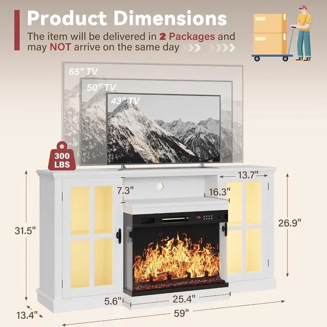 Alt view image 2 of 7 - Fireplace TV Stand, 65" Media Console with 3-Sided Glass & Color LED Lights, Entertainment Center with Storage Cabinet for Living Room (Distressed White)