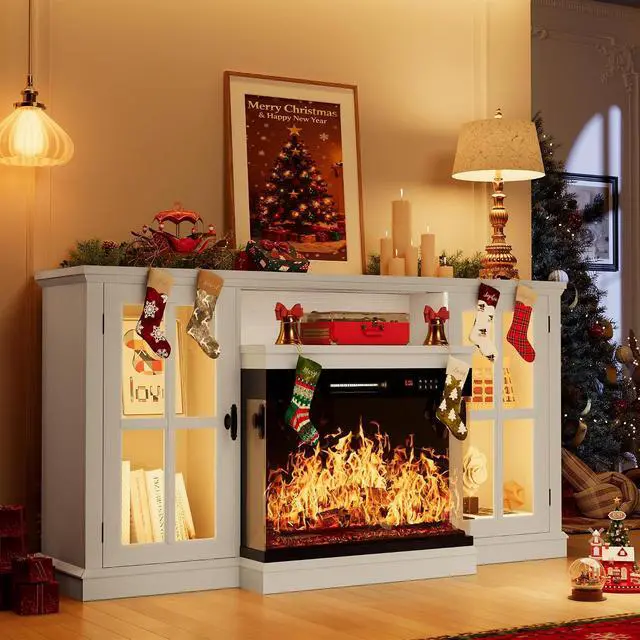 Alt view image 3 of 7 - Fireplace TV Stand, 65" Media Console with 3-Sided Glass & Color LED Lights, Entertainment Center with Storage Cabinet for Living Room (Distressed White)