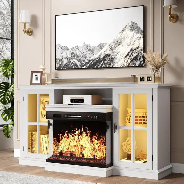Main image of Fireplace TV Stand, 65" Media Console with 3-Sided Glass & Color LED Lights, Entertainment Center with Storage Cabinet for Living Room (Distressed White)