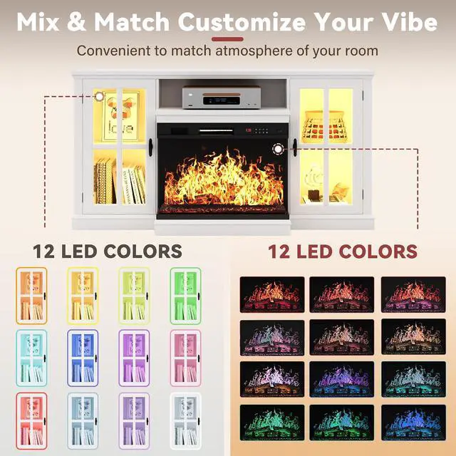 Alt view image 5 of 7 - Fireplace TV Stand, 65" Media Console with 3-Sided Glass & Color LED Lights, Entertainment Center with Storage Cabinet for Living Room (Distressed White)