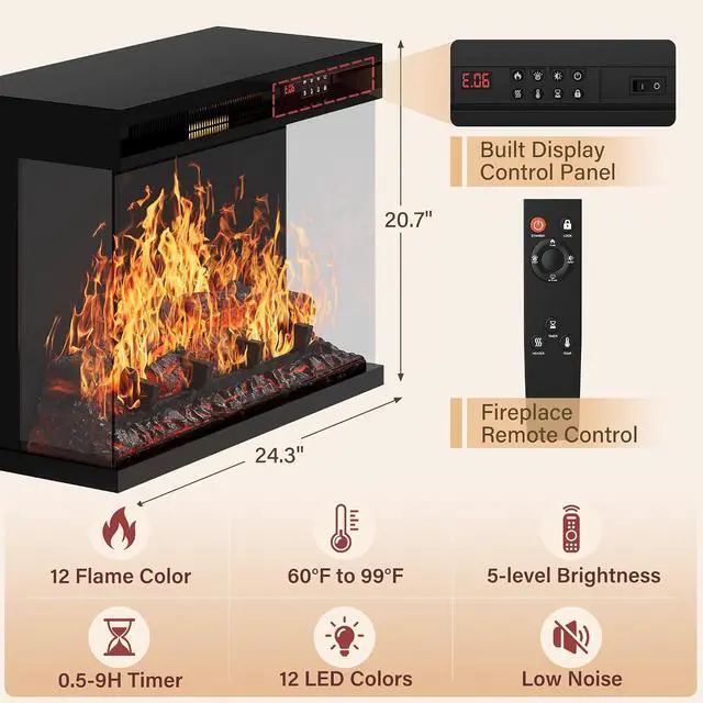 Alt view image 6 of 7 - Fireplace TV Stand, 65" Media Console with 3-Sided Glass & Color LED Lights, Entertainment Center with Storage Cabinet for Living Room (Distressed White)