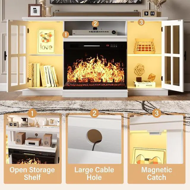 Alt view image 7 of 7 - Fireplace TV Stand, 65" Media Console with 3-Sided Glass & Color LED Lights, Entertainment Center with Storage Cabinet for Living Room (Distressed White)