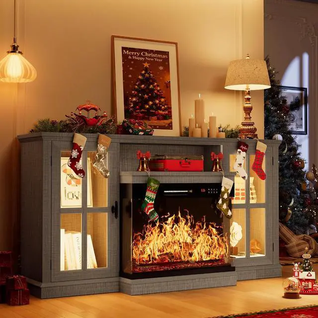 Alt view image 3 of 7 - Fireplace TV Stand, 65" Media Console with 3-Sided Glass & Color LED Lights, Entertainment Center with Storage Cabinet for Living Room (Wash Grey)