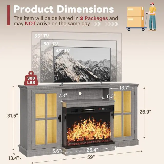 Alt view image 2 of 7 - Fireplace TV Stand, 65" Media Console with 3-Sided Glass & Color LED Lights, Entertainment Center with Storage Cabinet for Living Room (Wash Grey)