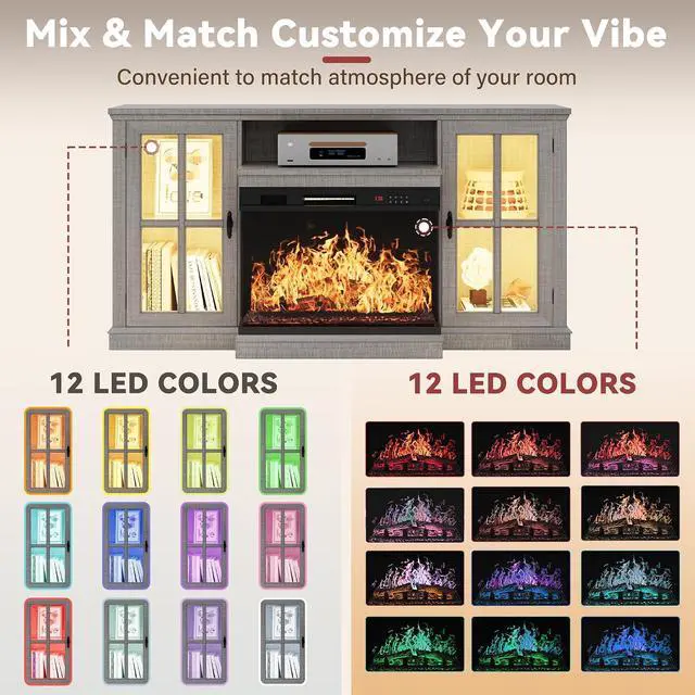 Alt view image 5 of 7 - Fireplace TV Stand, 65" Media Console with 3-Sided Glass & Color LED Lights, Entertainment Center with Storage Cabinet for Living Room (Wash Grey)