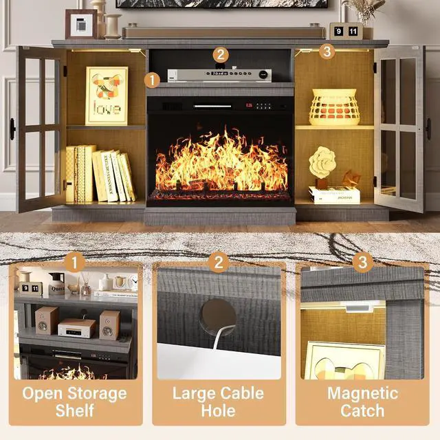 Alt view image 7 of 7 - Fireplace TV Stand, 65" Media Console with 3-Sided Glass & Color LED Lights, Entertainment Center with Storage Cabinet for Living Room (Wash Grey)