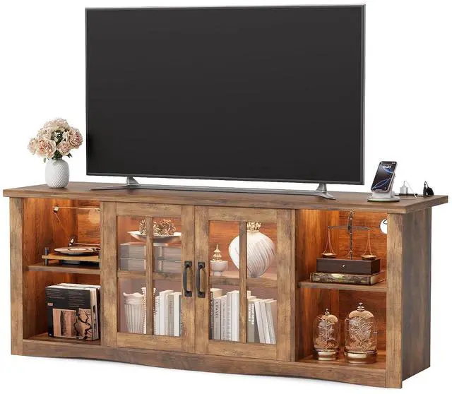Main image of Farmhouse TV Stand, 58 Inch TV Stand for Living Room with Glass Doors, Fast Charge USB Hub & Adjustable LED Lights, Rustic TV Cabinet for TV up to 65 inch (Rustic Brown)