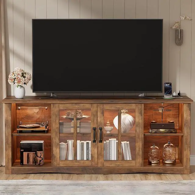Alt view image 2 of 7 - Farmhouse TV Stand, 58 Inch TV Stand for Living Room with Glass Doors, Fast Charge USB Hub & Adjustable LED Lights, Rustic TV Cabinet for TV up to 65 inch (Rustic Brown)