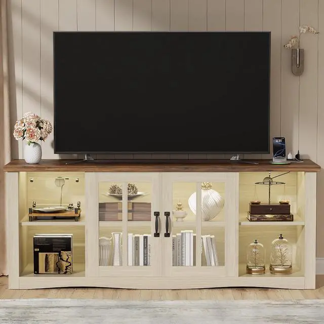 Alt view image 2 of 7 - Farmhouse TV Stand, 58 Inch TV Stand for Living Room with Glass Doors, Fast Charge USB Hub & Adjustable LED Lights, Rustic TV Cabinet for TV up to 65 inch (Natural Oak)